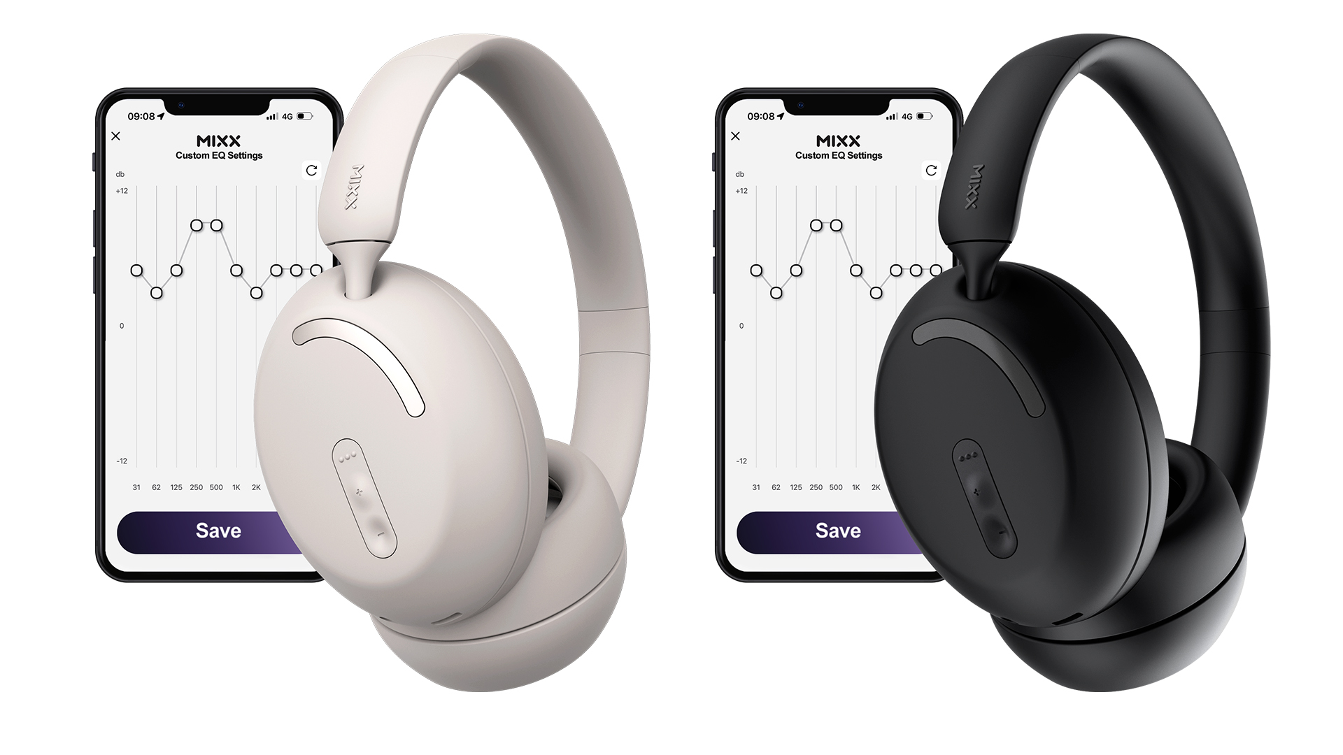 The Mixx SreamQ D3 in 'sand' and D2 in black, with phones showing the app that controls them