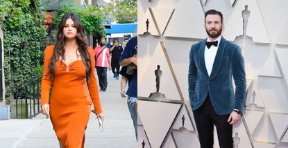 selena gomez in an orange dress chris evans in blue blazer