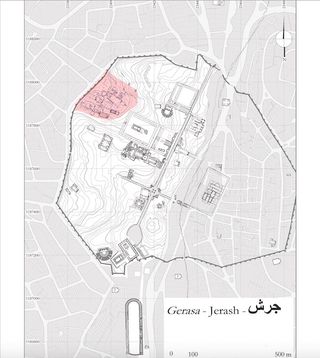 The archaeologists studied the northwest quarter of the walled city of Jerash, shown here in red.