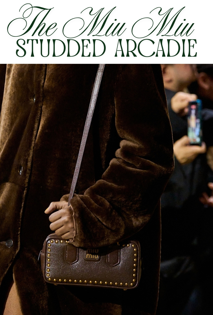 autumn winter it bags 2026: model carries a brown miu miu studded arcadie bag on the AW26 runway
