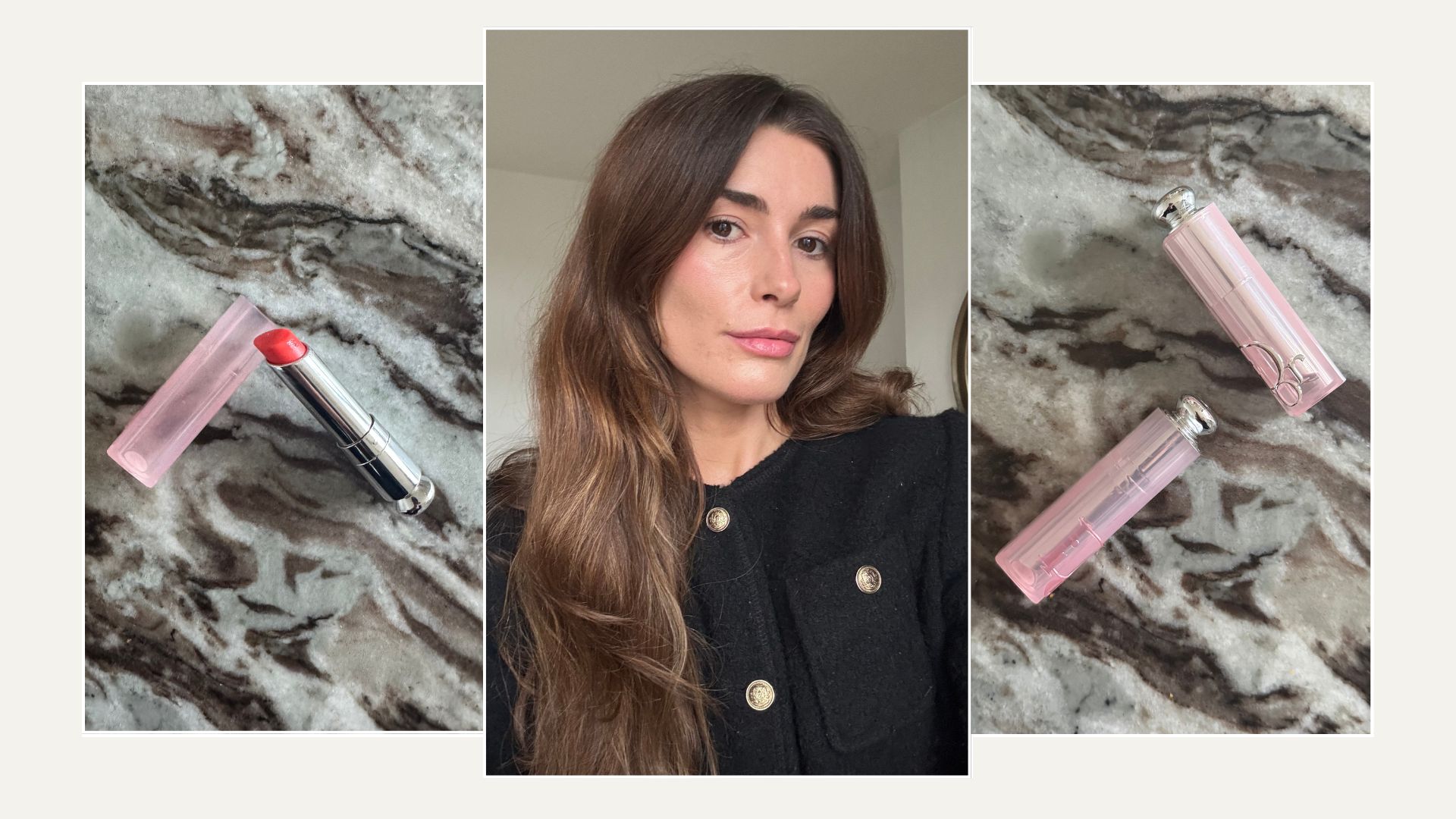 A collage with Dior Addict Lip Glows and a selfie of beauty editor Eleanor wearing the shade cherry