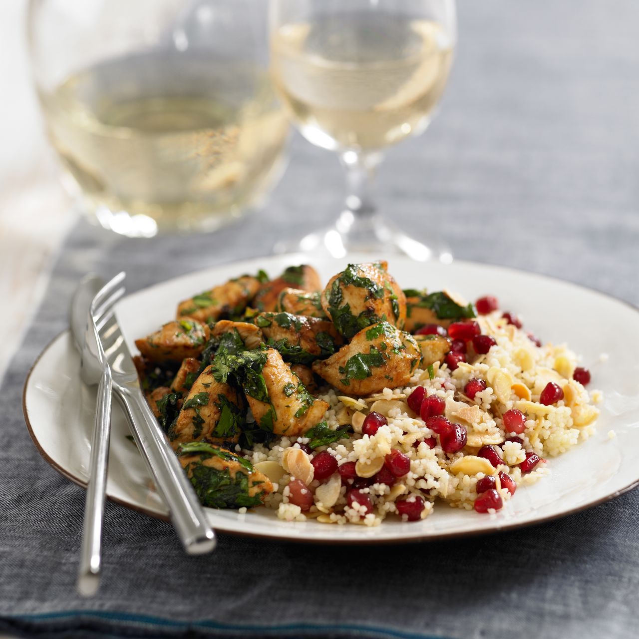 Coriander chicken with pomegranate and almond couscous recipe-recipe ideas-woman and home