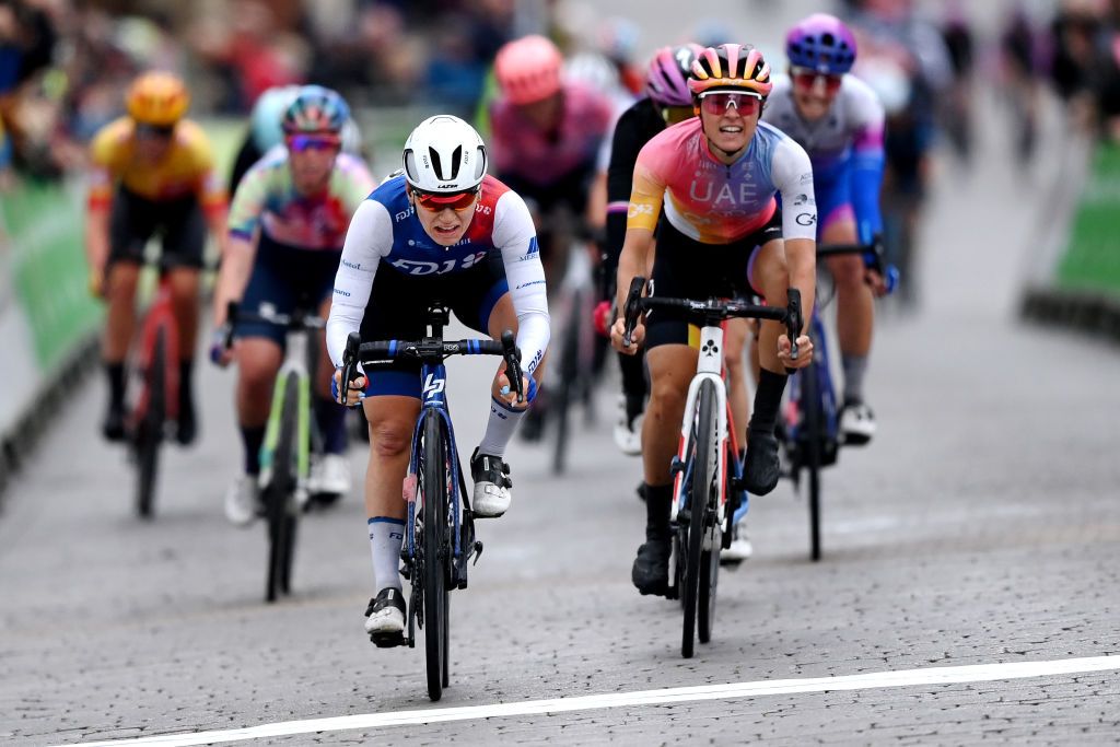 BURY ST EDMUNDS ENGLAND JUNE 06 LR Clara Copponi of France and Team FDJ Nouvelle Aquitaine Futuroscope sprints to win ahead of Sofia Bertizzolo of Italy and UAE Team Adq during the 8th The Womens Tour 2022 Stage 1 from Colchester to Bury St Edmunds WomensTour UCIWWT on June 06 2022 in Bury St Edmunds England Photo by Justin SetterfieldGetty Images
