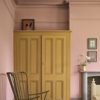 Annie Sloan pink bedroom with woodwork painted in same colour.