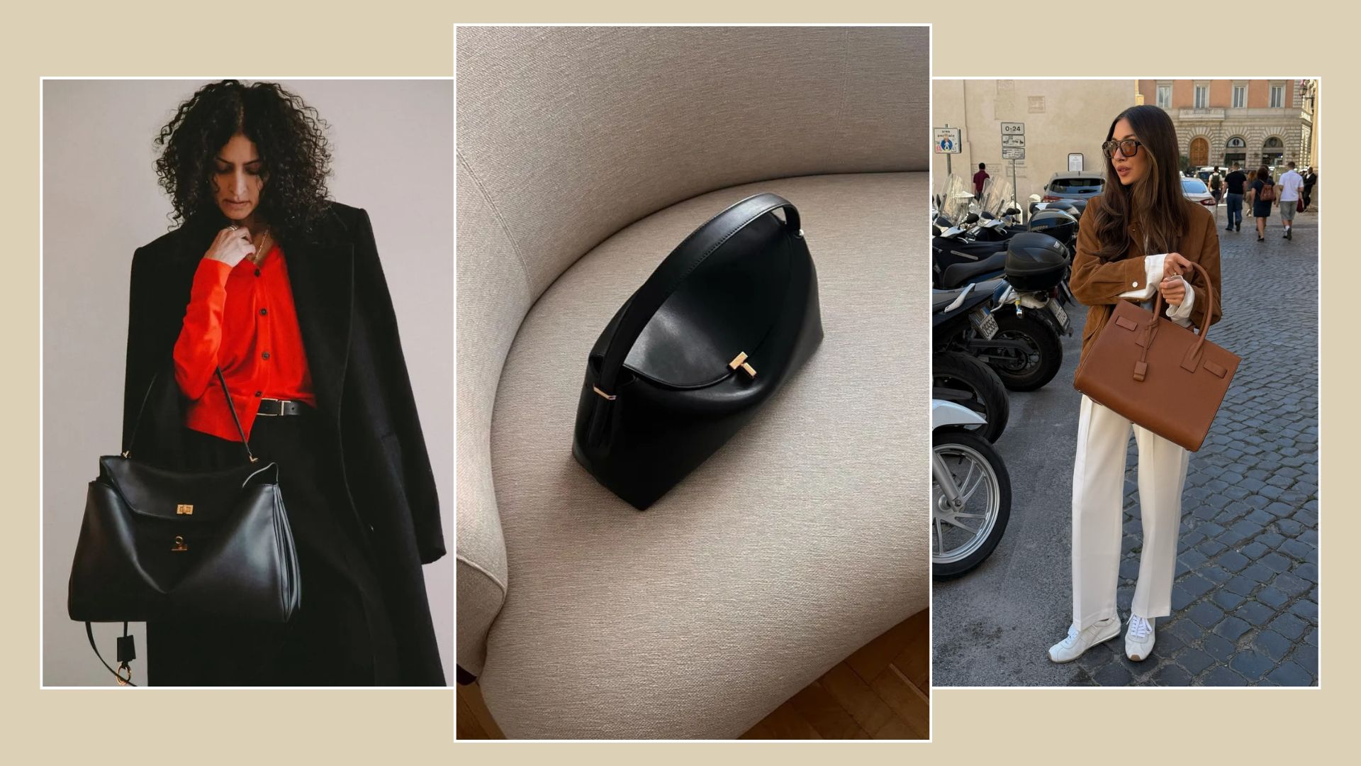 Woman wears black coat, red jumper, black trousers and black bag; black toteme bag on sofa; woman wears brown jacket, cream trousers and brown tote bag