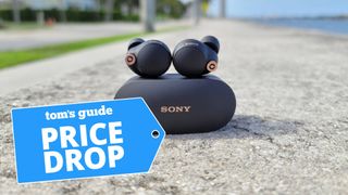 Sony WF-1000xm4 earbuds shown resting on sidewalk