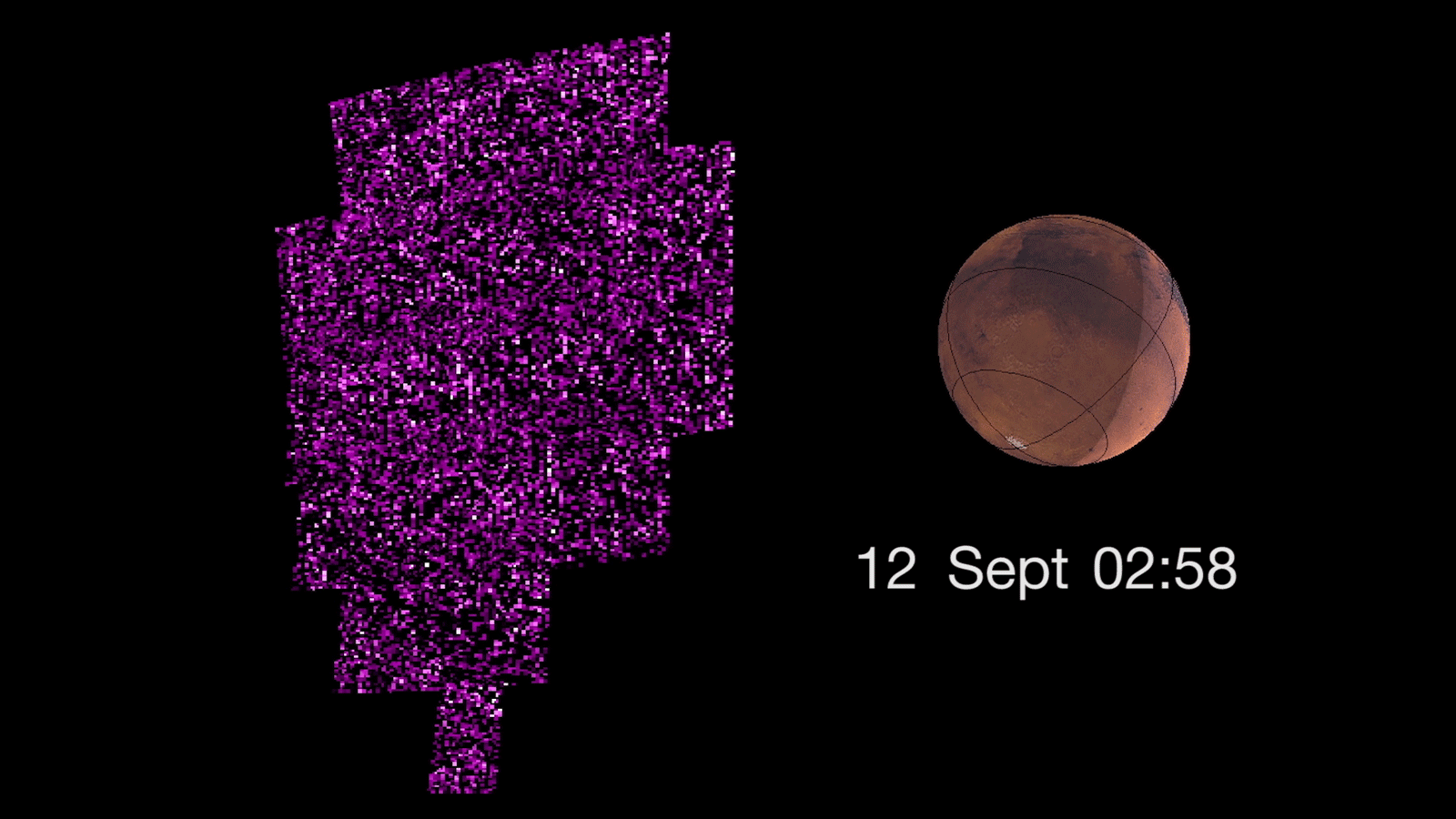 Animation showing the sudden appearance of a bright aurora on Mars during a recent solar storm. The purple-white colors show the intensity of ultraviolet light over the course of the event, from observations on Sept. 12 and Sept. 13, 2017, by the Imaging Ultraviolet Spectrograph instrument on NASA's MAVEN orbiter.