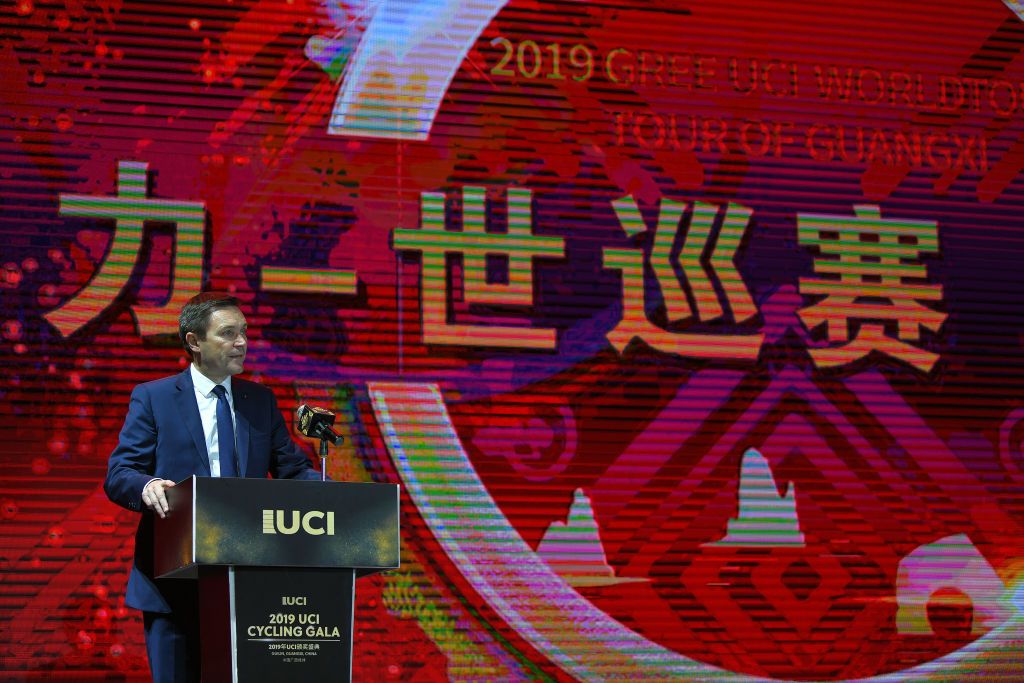 UCI president David Lappartient speaks at the 2019 UCI Cycling Gala in Guilin, China