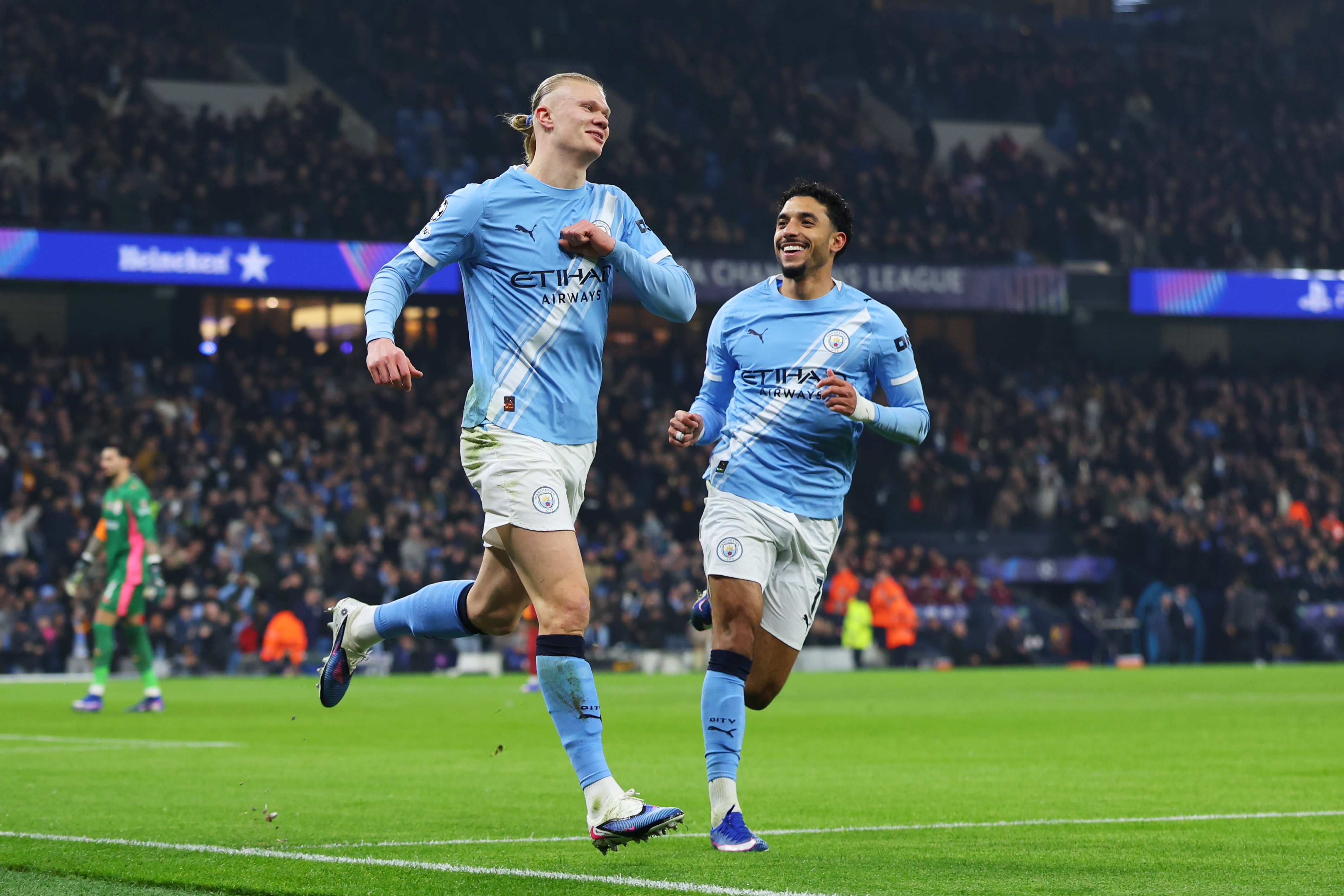 MANCHESTER, ENGLAND - JANUARY 28: Erling Haaland of Manchester City celebrates scoring his team&amp;amp;apos;s first goal with teammate Omar Marmoush during the UEFA Champions League 2025/26 League Phase MD8 match between Manchester City and Galatasaray A.S. at City of Manchester Stadium on January 28, 2026 in Manchester, England. (Photo by Molly Darlington/Getty Images)