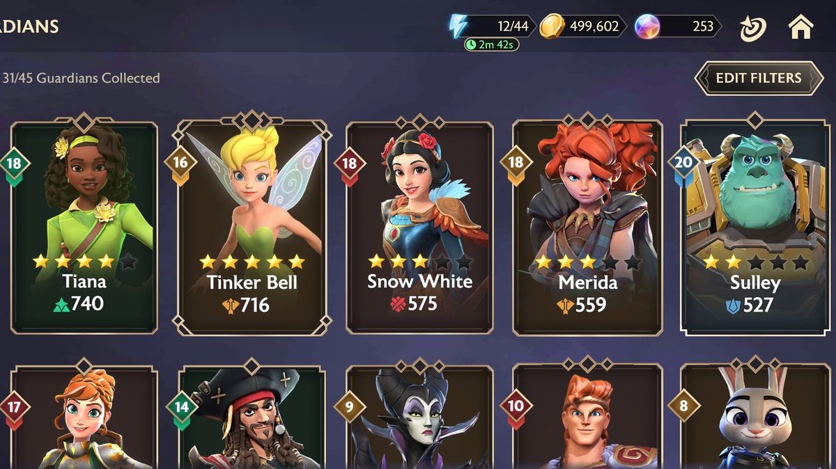 A roster of acquired guardians showing Tinkerbell, Merida, Snow White, and others