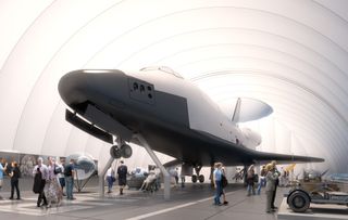Conceptual rendering of space shuttle Enterprise as it will be displayed on the flight deck of the Intrepid Sea, Air & Space Museum in the summer of 2012