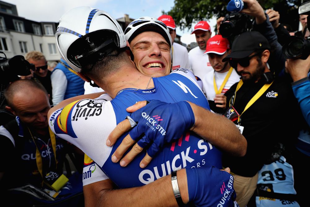 Teammates congratulate Marcel Kittel (Quick-Step Floors) after winning stage 2 at the Tour de France