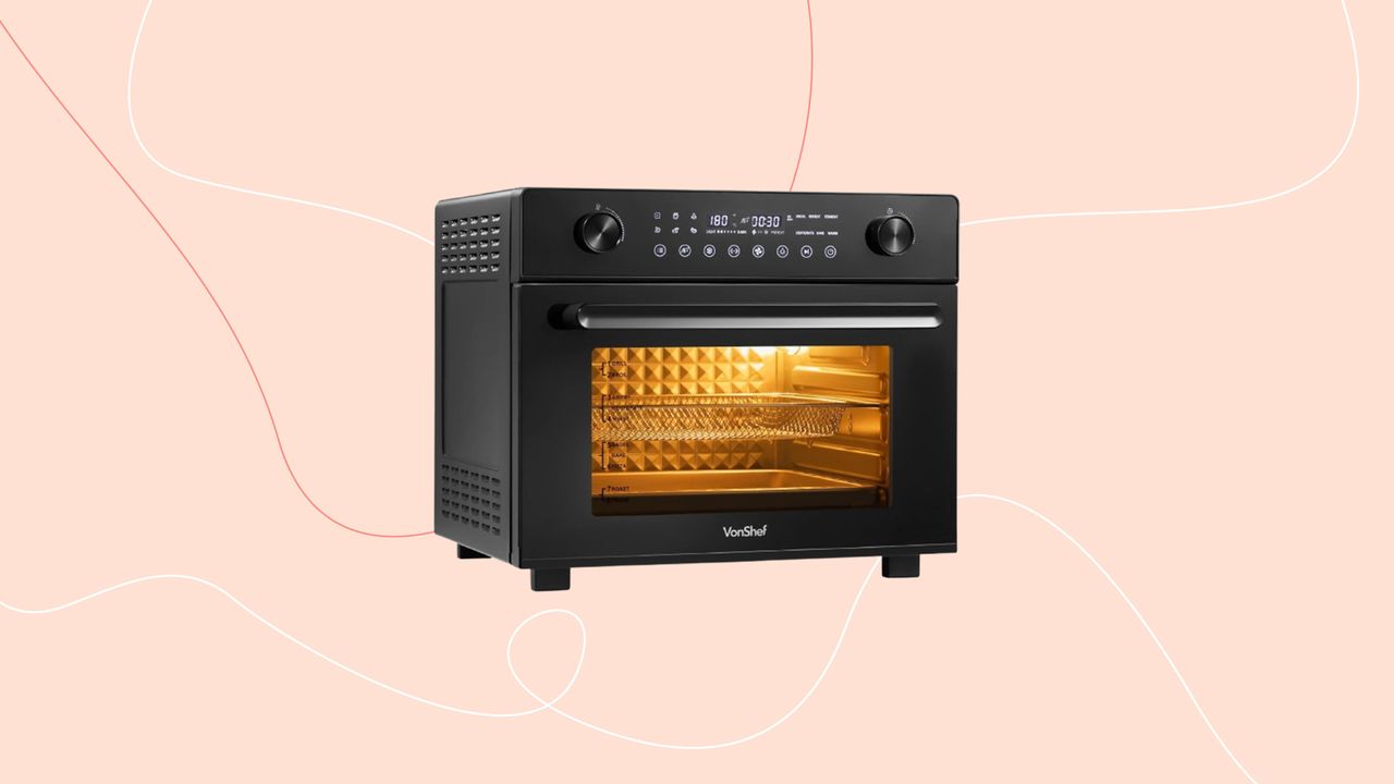 A VonShef air fryer oven on a pink Ideal Home background 