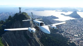 An airplane in flight over Rio de Janeiro in Microsoft Flight Simulator 2020.