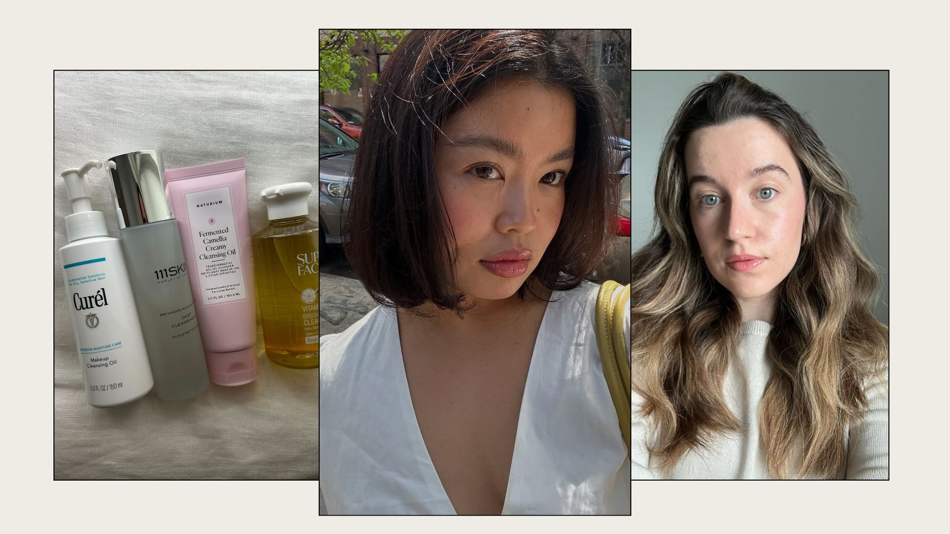 A woman taking a selfie with glowing skin and a collection of cleansing oils