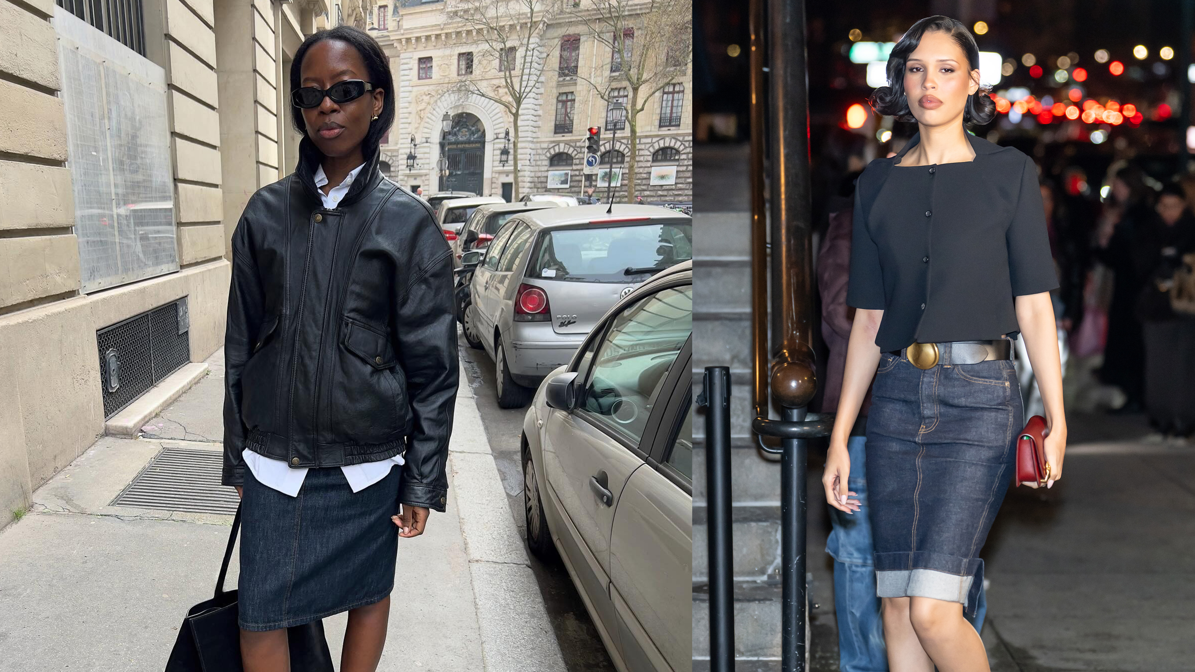 Photos of Sylvie Mus in Paris wearing a leather jacket and denim pencil skirt and Nara Smith at the Khaite show during NYFW wearing a black tailored top and denim pencil skirt. 