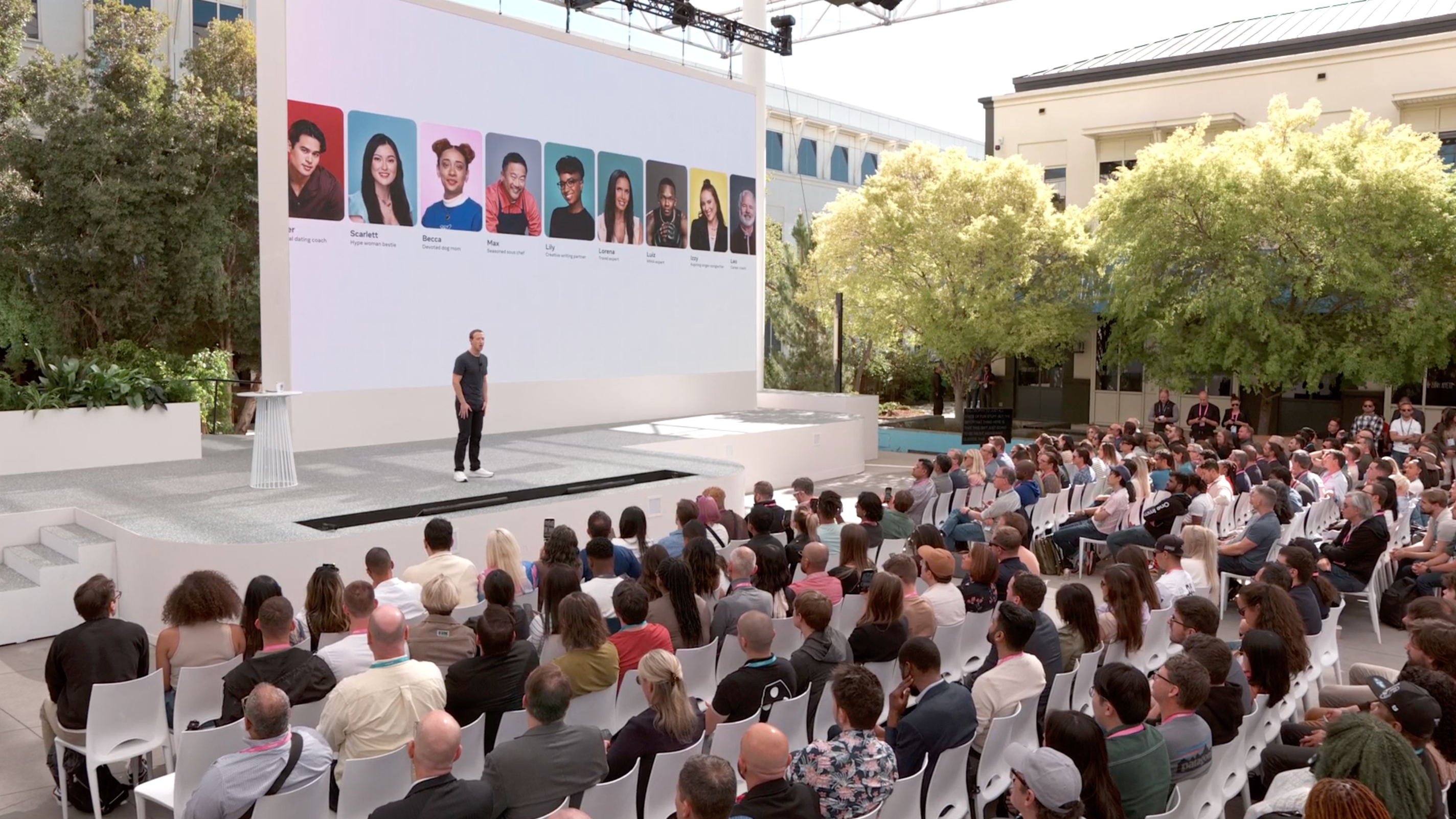 Meta Connect 2023 with a wall of AI personas behind Mark Zuckerberg.