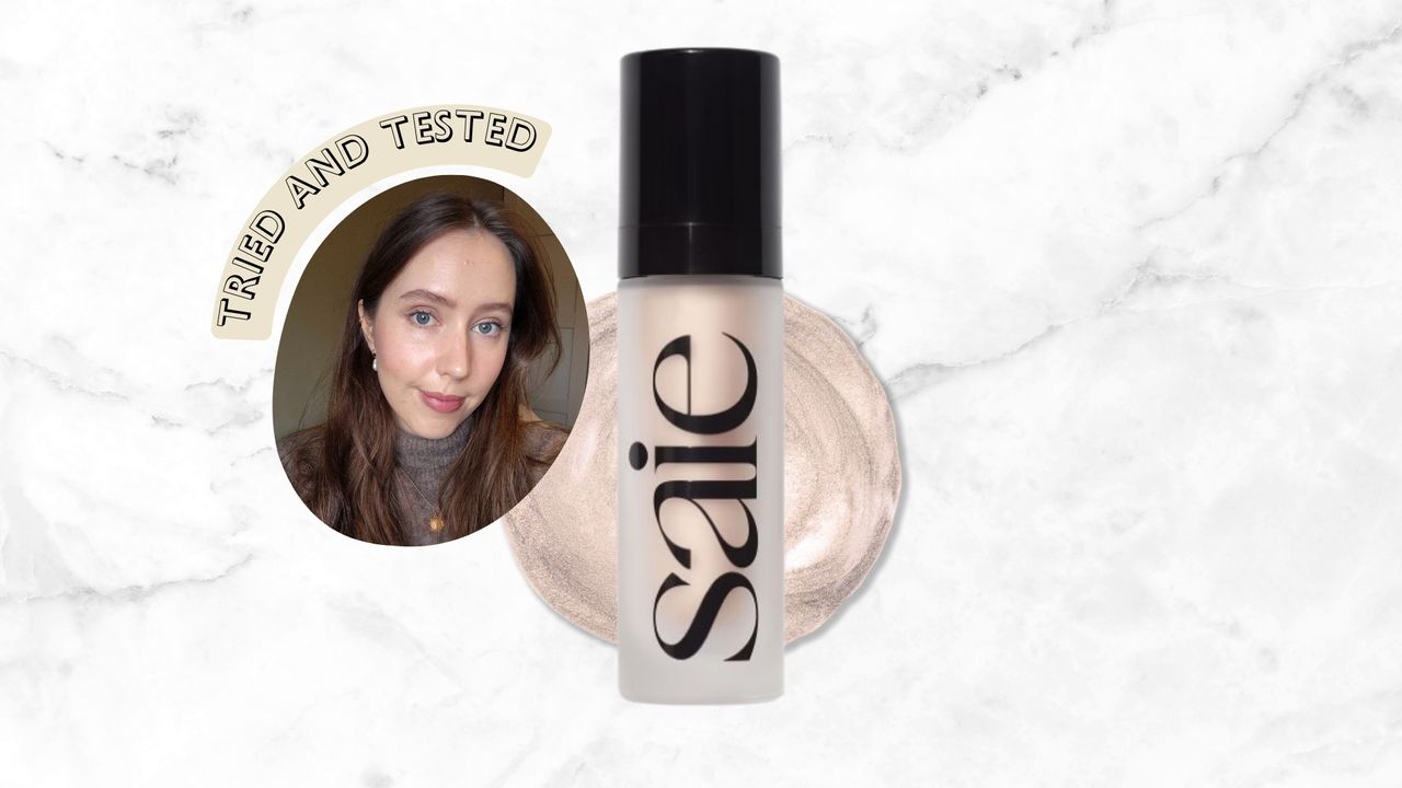 On the left is a picture of Digital Beauty Writer Naomi Jamieson seen wearing the Saie Glowy Super gel, followed by a product shot of the gel in shade Starglow and a pearly-pink highlighter makeup swatch/ all featured on a white and grey marbled template