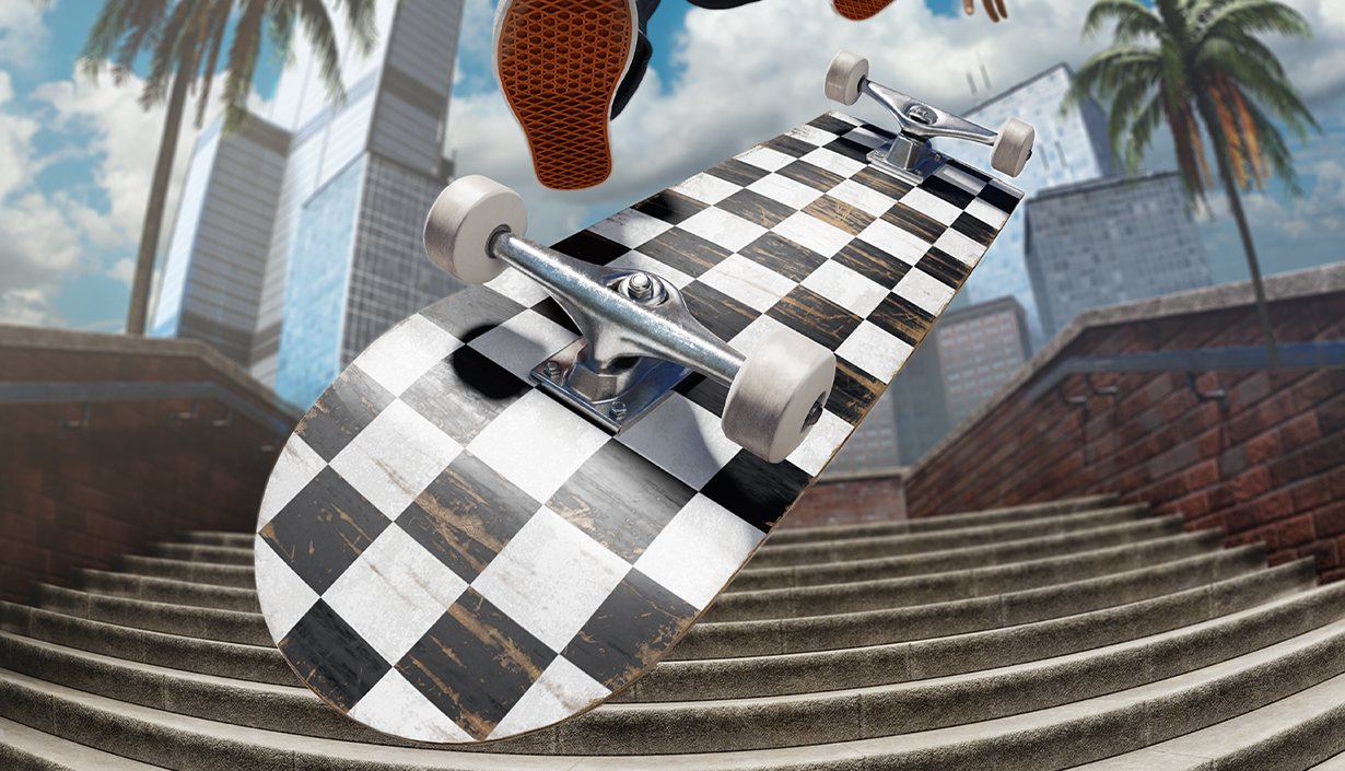 PSVR 2 VR Skater; a render of a skateboard being kick-flipped