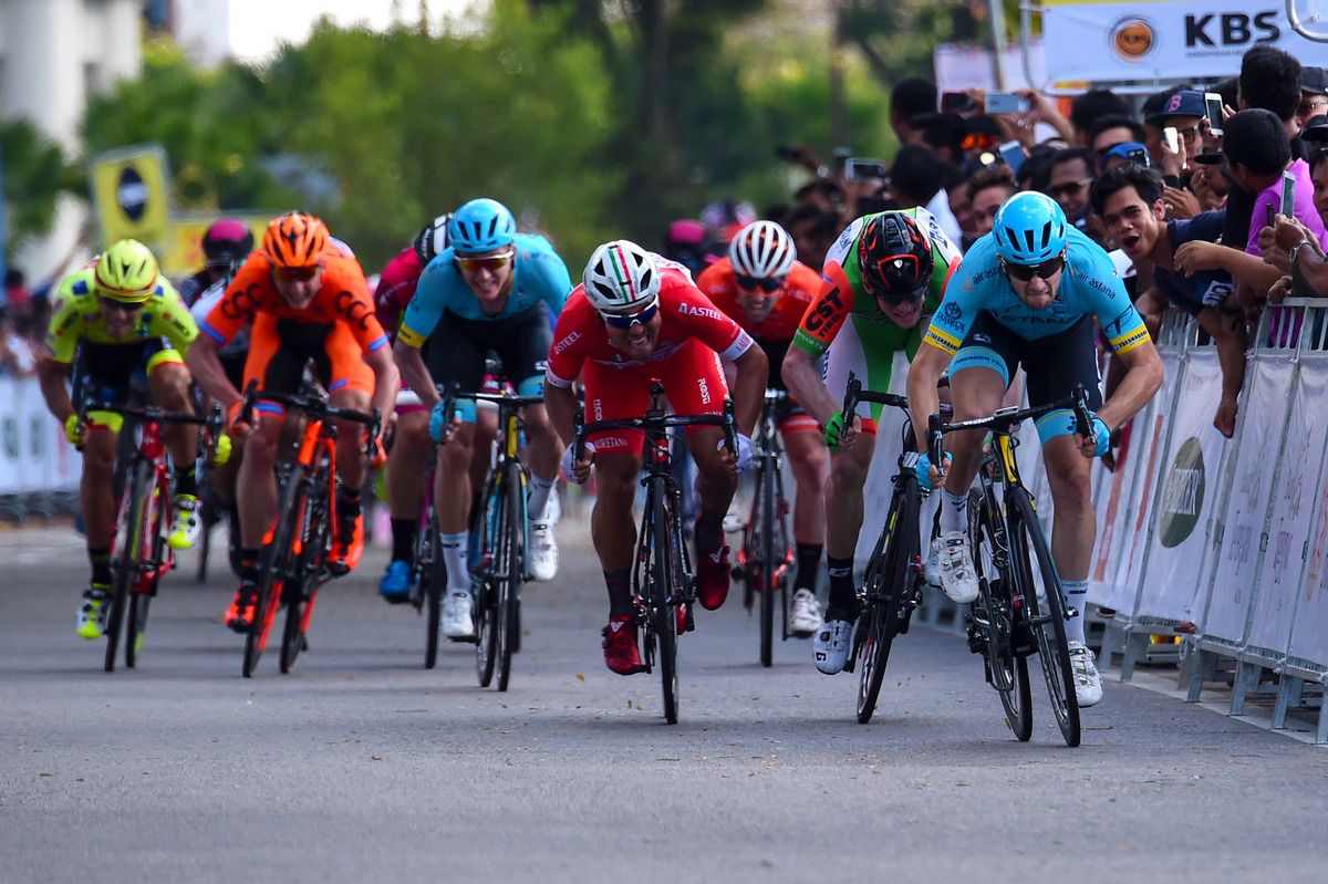 Riccardo Minali (Astana) winding up his sprint for the win