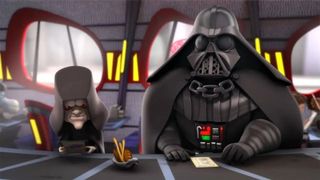 A stylized version of Emperor Palpatine and Darth Vader in Star Wars: Detours