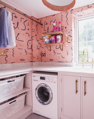 narrow utility room ideas with graphic pink and blue wallpaper