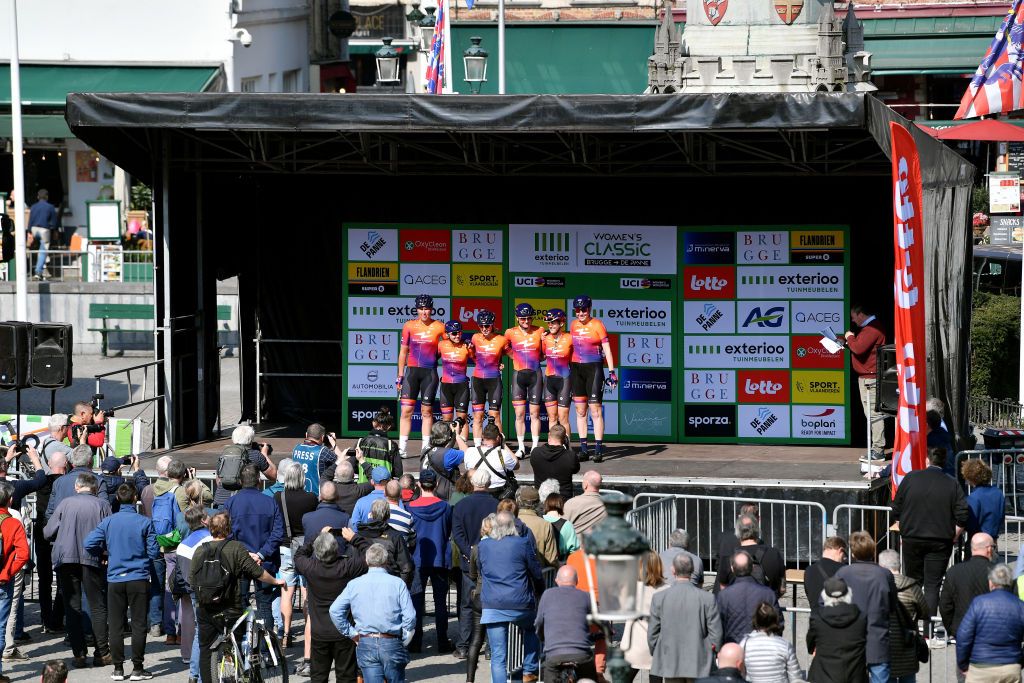 DE PANNE BELGIUM MARCH 24 Lily Williams of United States Henrietta Christie of New Zealand Mieke Krger of Germany Makayla Macpherson of United States Marit Raaijmakers of Netherlands Evy Kuijpers of Netherlandsa and Team Human Powered Health during the team presentation prior to the 5th Exterioo Womens Classic BruggeDe Panne 2022 a 1628km one day race from Brugge to De Panne Exteriooclassic UCIWWT on March 24 2022 in De Panne Belgium Photo by Luc ClaessenGetty Images