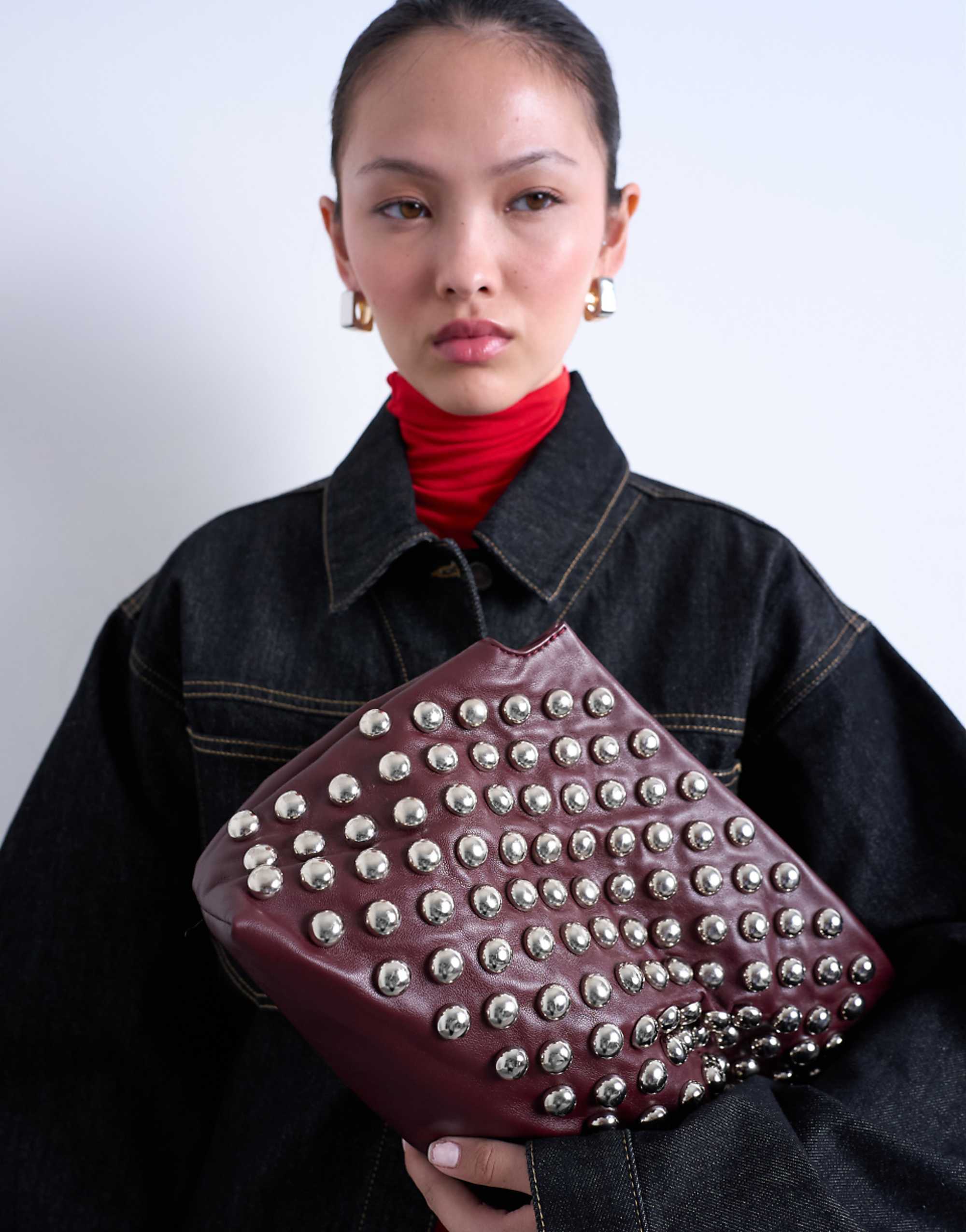 Topshop Gideon Studded Clutch Bag in Burgundy