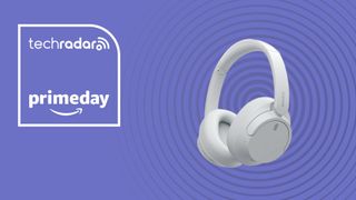 Sony WH-CH720N on violet background with words 'TechRadar: Amazon Prime Day' positioned to the left of the headphones