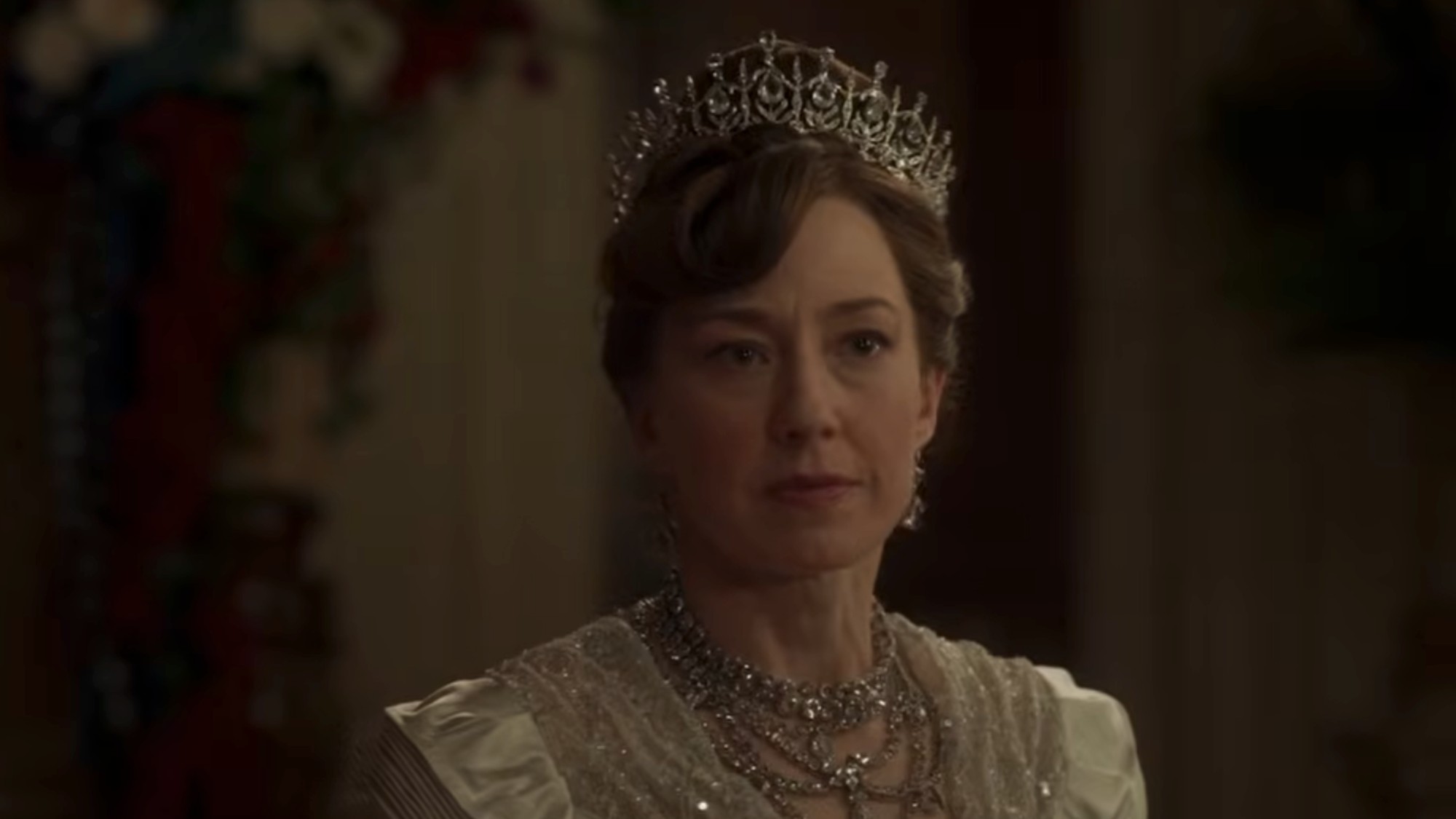 Carrie Coon wearing a tiara in The Gilded Age Season 4