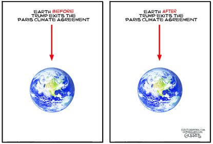 Political cartoon U.S. Trump Paris climate accord earth before and after