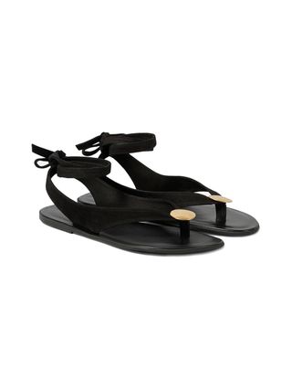 Molozoey Flache Wildleder-Sandalen für Damen mit Flip-Flops, Sommer, niedliche Mode, Damen-Metallschlaufen-Knöchelriemen, stilvolle schwarze Sandalen.