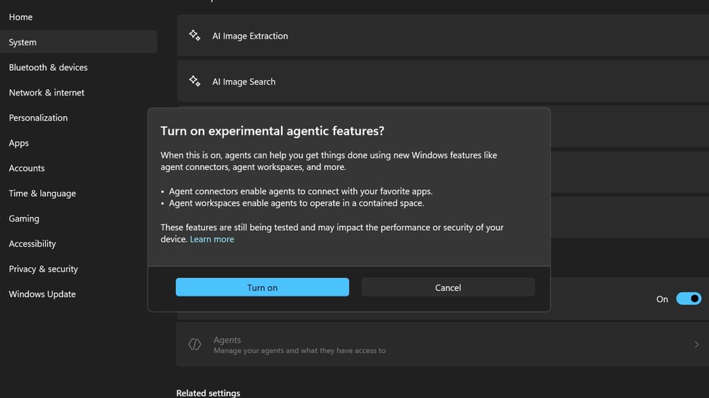 Experimental AI features prompt in windows 11