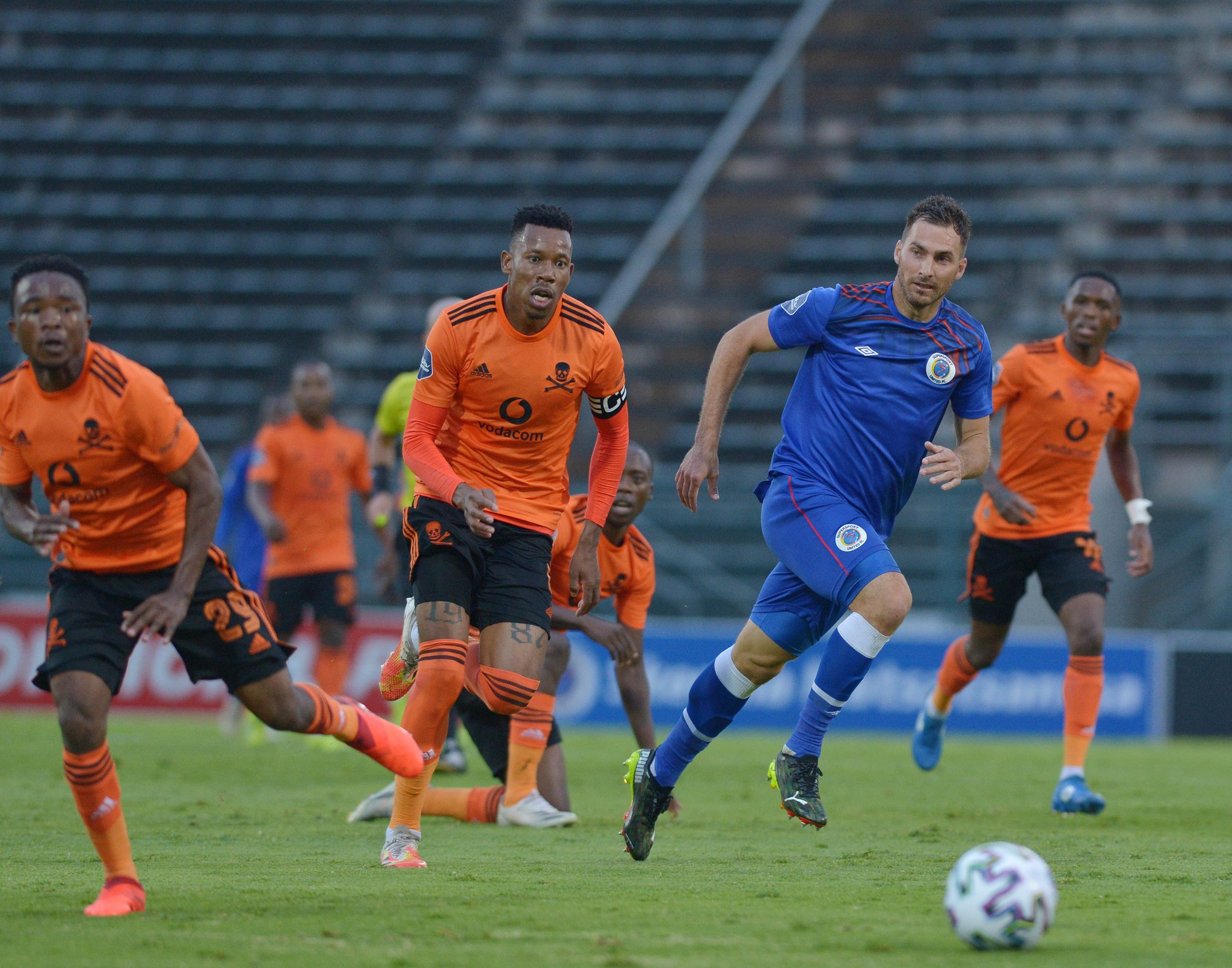 SuperSport United&#039;s Bradley Grobler and Happy Jele of Orlando Pirates