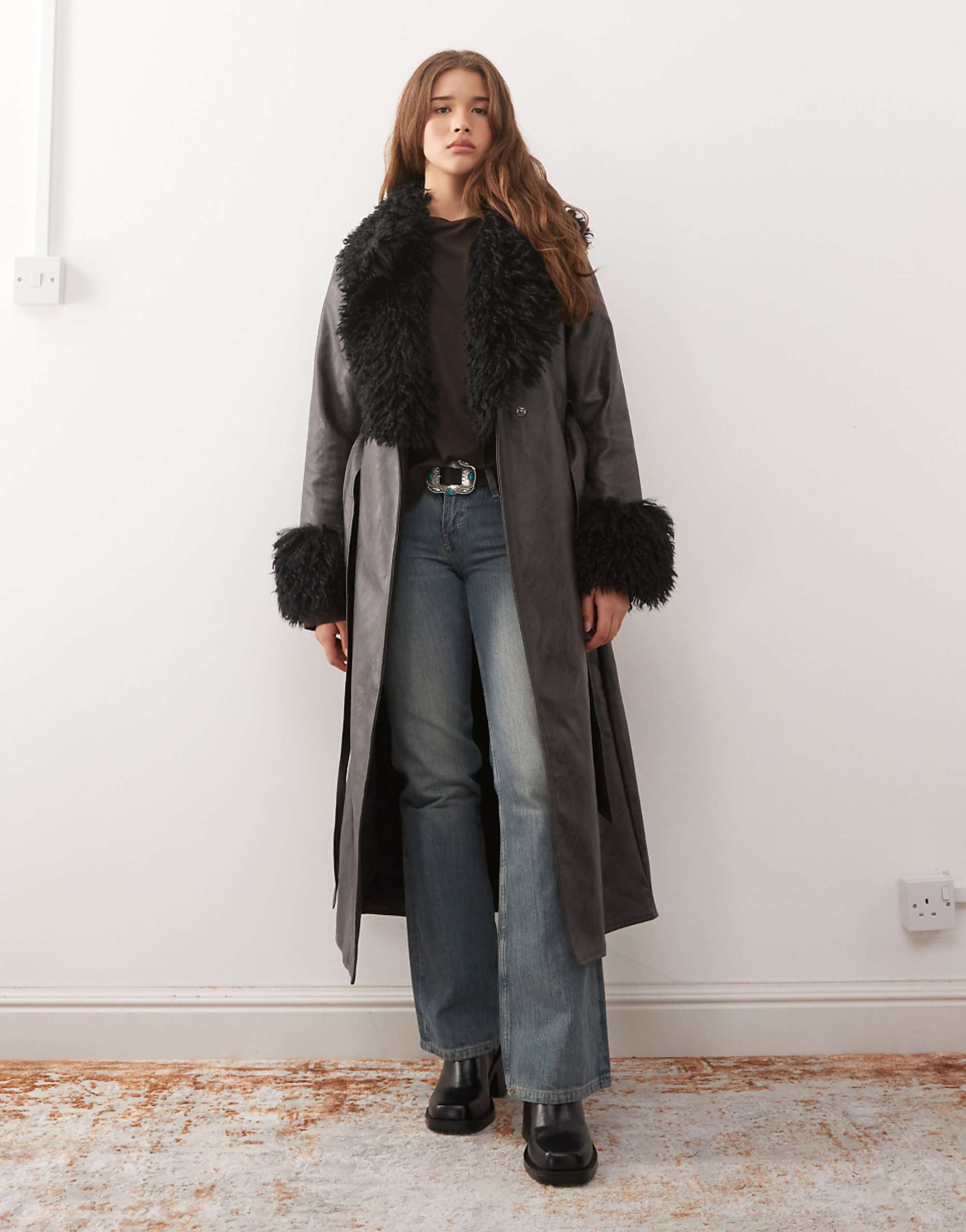 Reclaimed Vintage Longline Leather Look Trench Coat With Faux Fur Collar and Cuffs in Black