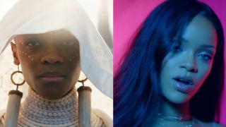 Shuri (Letitia Wright) in Black Panther 2 and Rihanna in the "Work" music video