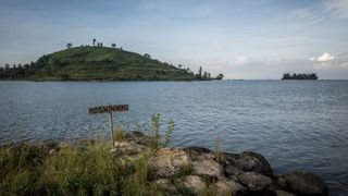 A "no swimming" signs on the shores of Lake Kivu.