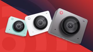 Three Obsbot Meet SE webcams in different colors arrayed on a red and blue background with the TechRadar logo.
