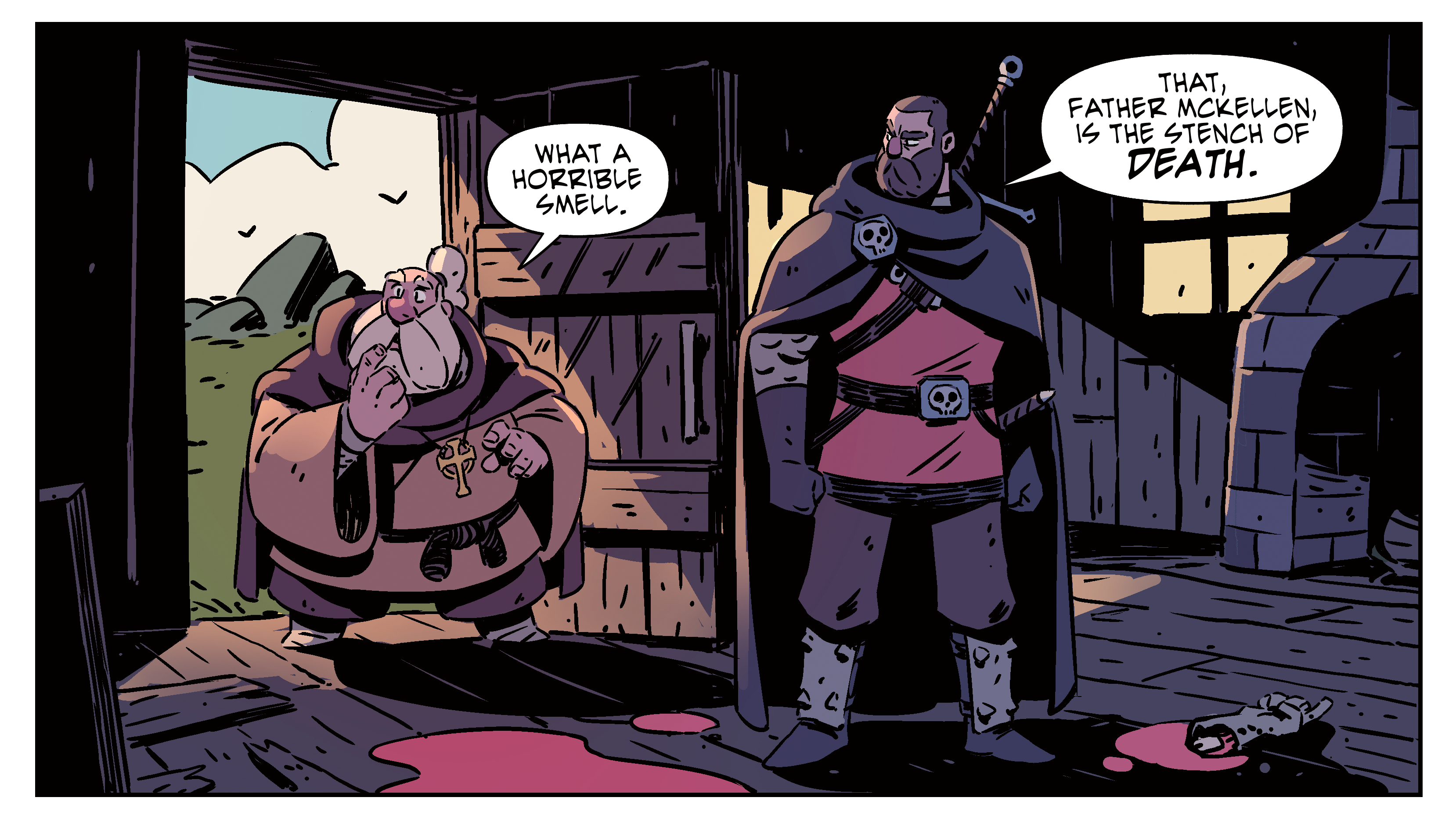 Comic art; panel showing warrior and priest entering a wooden house