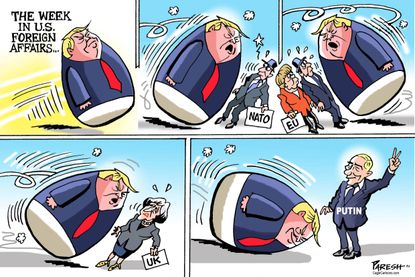 Political cartoon World Trump Putin Helsinki summit EU NATO Merkel May