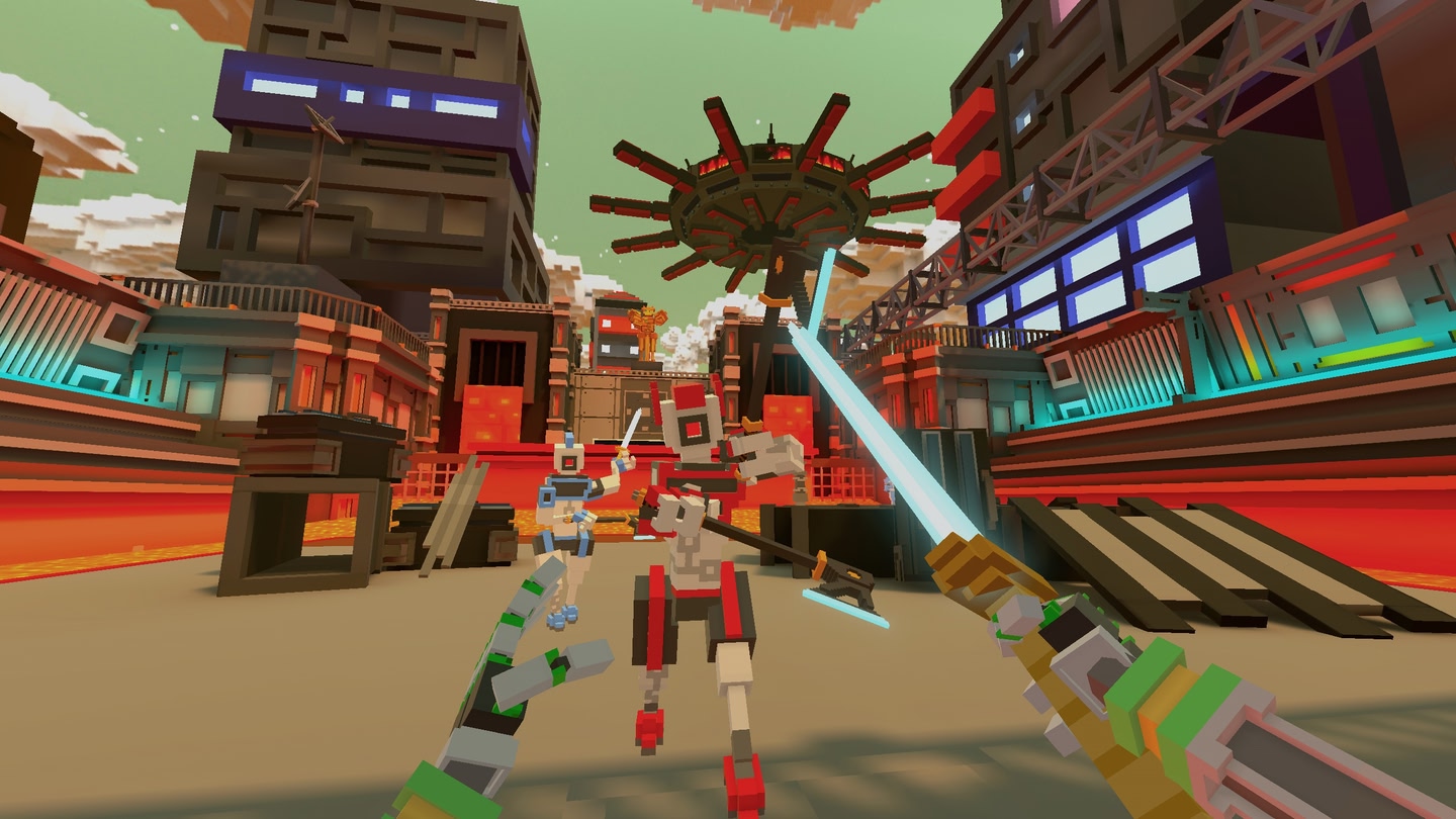 A screenshot of fighting robots with a laser sword in Clone Drone in the Hyperdome on the Meta Quest 3