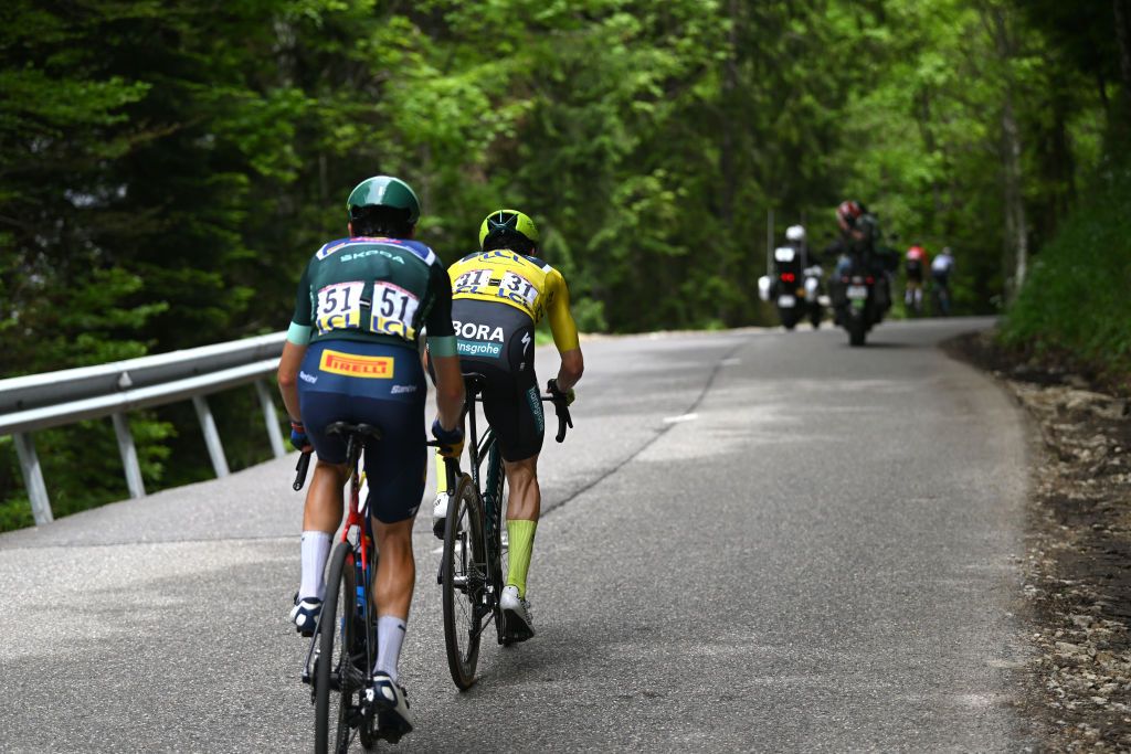 Yellow jersey Primož Roglič and his Bora-hansgrohe teammate Giulio Ciccone try to limit his losses on the final climb