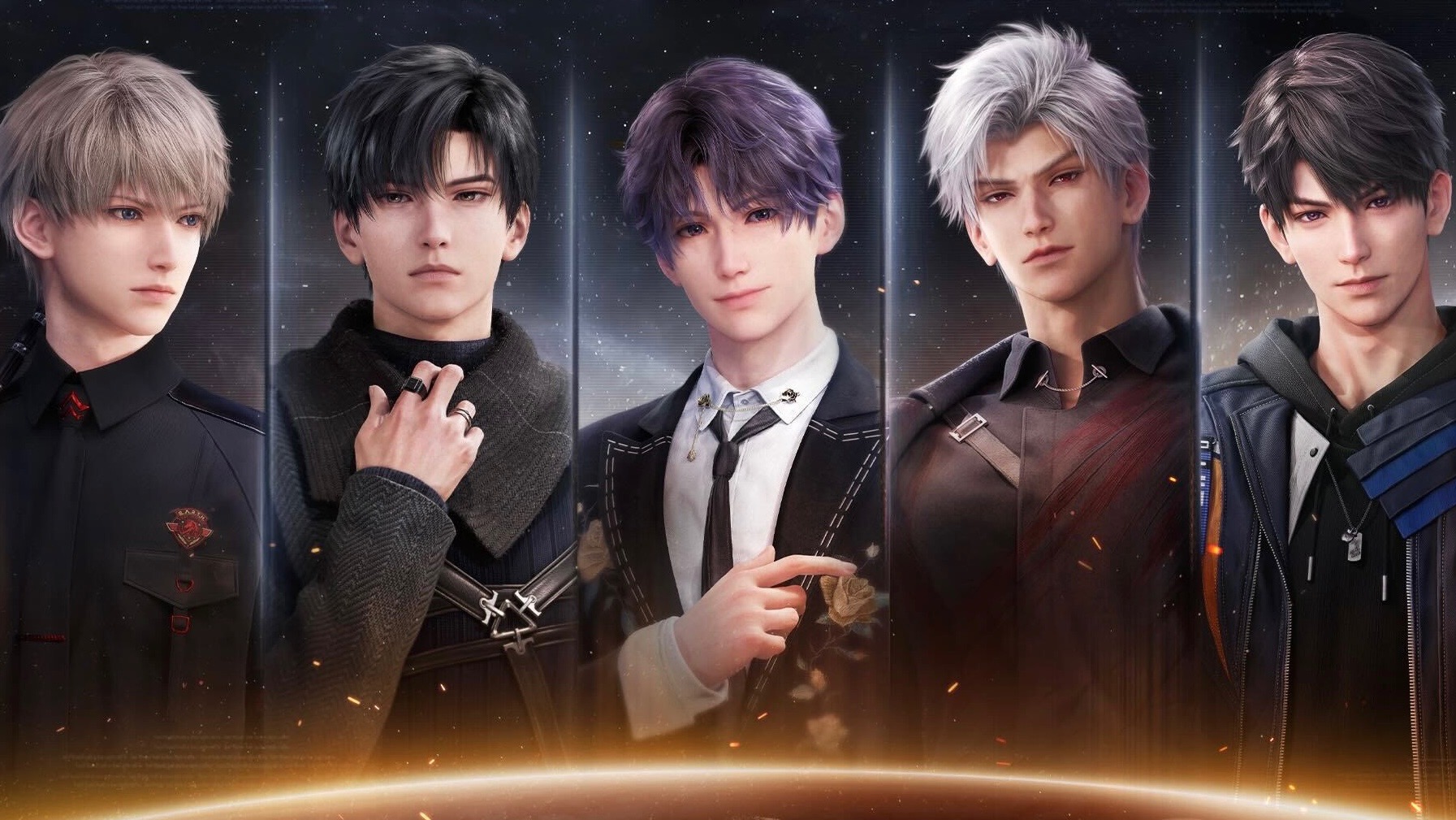 The five love interests in Love and Deepspace smile against a starry night background