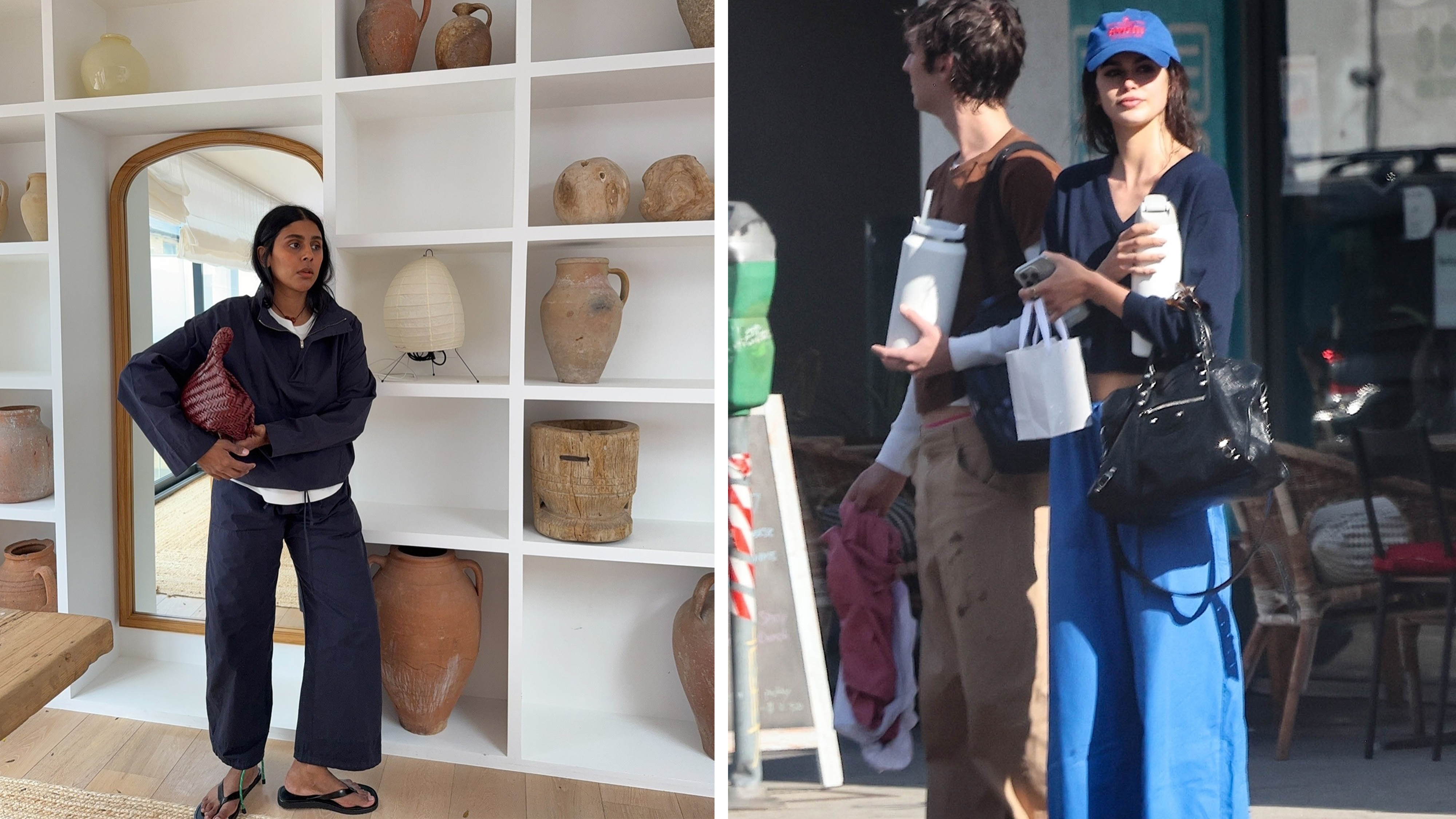 Monikh wears drawstring pants and a top with flip-flops. Kaia Gerber wears a baseball cap, sweater, and blue pants.