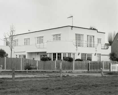 frinton park estate book image showing white modernist villa in black and white