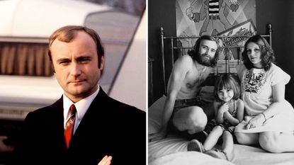 a splitscreen of phil collins on the left and his house in the 80s on the right