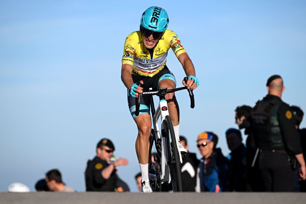 VALL DEBO SPAIN FEBRUARY 03 Alessandro Tonelli of Italy and Team VF GroupBardiani CSF Yellow Leader Jersey crosses the finish line during the 75th Volta a la Comunitat Valenciana 2024 Stage 4 a 1752km stage from Teulada Moraira to Vall dEbo 527m Stage shortened by the organization to 160km on February 03 2024 in Vall dEbo Spain Photo by Dario BelingheriGetty Images