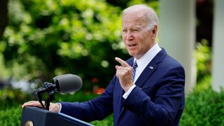 US president Joe Biden delivering a speech in the White House garden