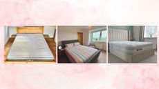 Three of the best cooling mattresses: the OTTY, Simba, and Slumberland mattresses on a pink background