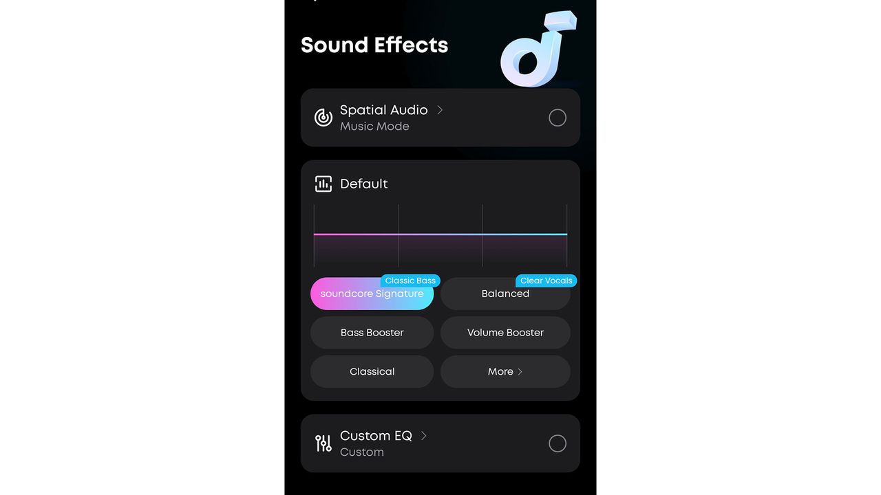 A screenshot of the sound effects menu from the Soundcore app
